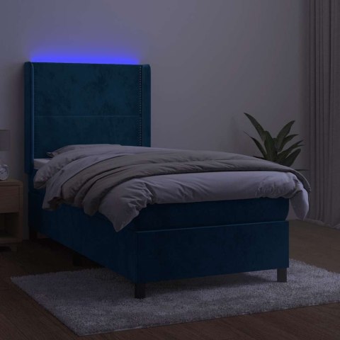 Łóżko kontynentalne, materac i LED, niebieski aksamit 100x200cm