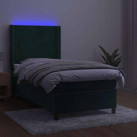 Łóżko kontynentalne z materacem i LED zielony aksamit 100x200cm