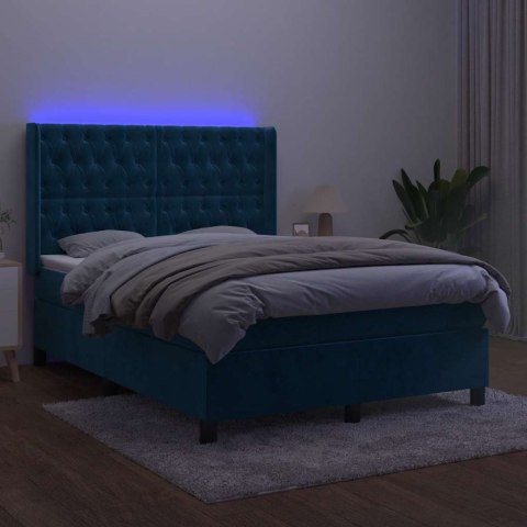 Łóżko kontynentalne, materac i LED, niebieski aksamit 140x200cm