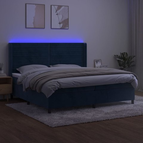 Łóżko kontynentalne, materac i LED, niebieski aksamit 200x200cm