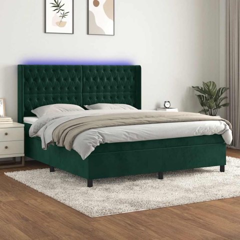 Łóżko kontynentalne z materacem i LED zielony aksamit 160x200cm