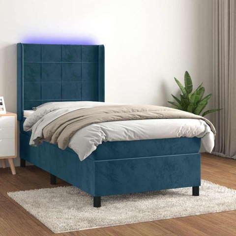 Łóżko kontynentalne, materac i LED, niebieski aksamit 90x190 cm