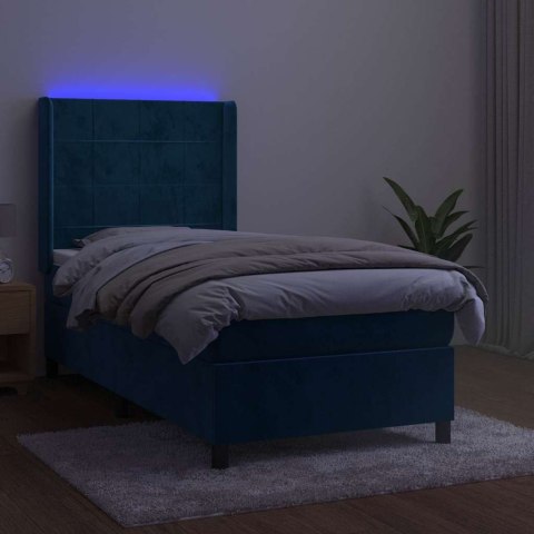 Łóżko kontynentalne, materac i LED, niebieski aksamit 90x190 cm