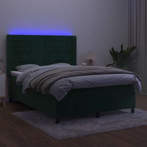 Łóżko kontynentalne z materacem i LED zielony aksamit 140x190cm