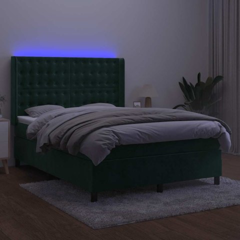 Łóżko kontynentalne z materacem i LED zielony aksamit 140x190cm