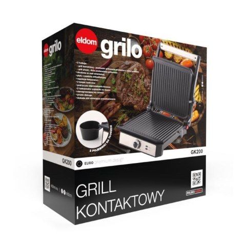 ELDOM GRIIL KONTAKTOWY GK200 2000W, REGULACJA TEMPERATURY, DWA POJEMNIKI NA TŁUSCZ, PŁYTY Z NIE PRZYWIERAJĄCĄ POWŁOKĄ