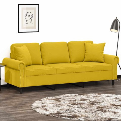 3-osobowa sofa z poduszkami, żółta, 180 cm, aksamit