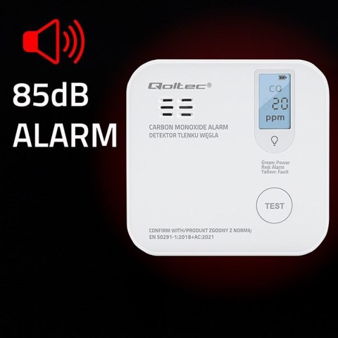 QOLTEC CZUJNIK TLENKU WĘGLA (CZADU) Z BATERIĄ | DETEKTOR CO | ALARM 85DB | LED