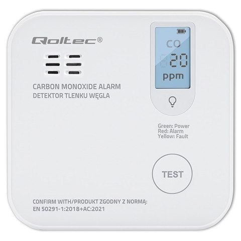 QOLTEC CZUJNIK TLENKU WĘGLA (CZADU) Z BATERIĄ | DETEKTOR CO | ALARM 85DB | LED
