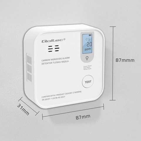 QOLTEC CZUJNIK TLENKU WĘGLA (CZADU) Z BATERIĄ | DETEKTOR CO | ALARM 85DB | LED