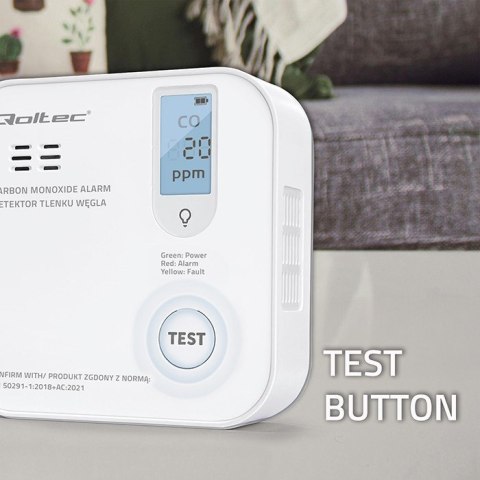 QOLTEC CZUJNIK TLENKU WĘGLA (CZADU) Z BATERIĄ | DETEKTOR CO | ALARM 85DB | LED