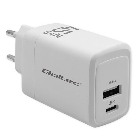 QOLTEC ŁADOWARKA 45W GAN | 5-20V | 1.5-3A | 1XUSB-C PD | 1XUSB QC 3.0 | BIAŁA