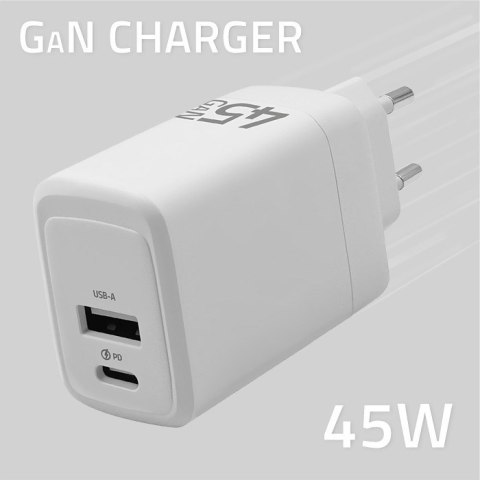 QOLTEC ŁADOWARKA 45W GAN | 5-20V | 1.5-3A | 1XUSB-C PD | 1XUSB QC 3.0 | BIAŁA