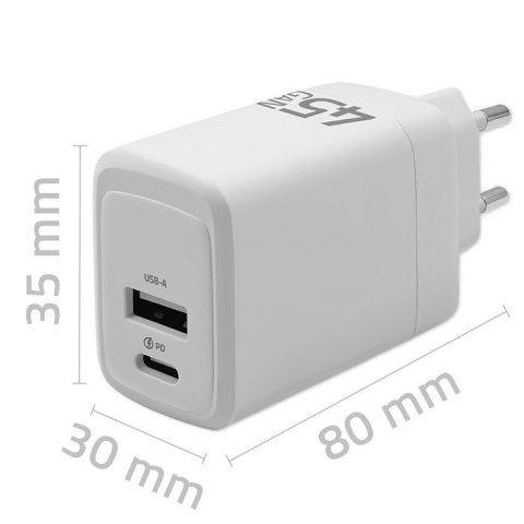 QOLTEC ŁADOWARKA 45W GAN | 5-20V | 1.5-3A | 1XUSB-C PD | 1XUSB QC 3.0 | BIAŁA