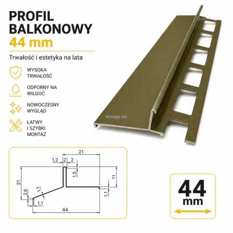 Profil aluminiowy balkonowy okapnikowy 44mm 3 m anoda oliwka