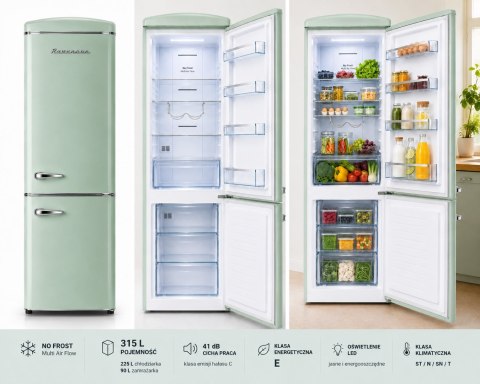 Lodówka Retro Ravanson LKK-315RM 597mm x 707mm x 1943 mm | 315l | Total No Frost | klasa E | miętowy