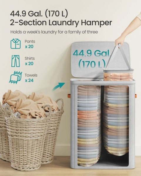 SONGMICS Kosz na pranie 170 l, 2 przegrody, z pokrywą