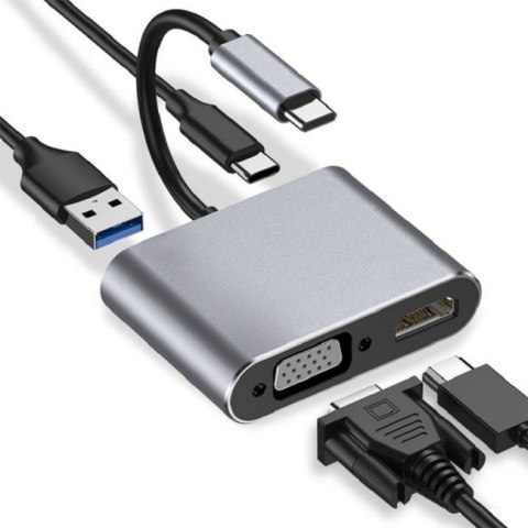 Hub USB Typ-C 4w1 USB 3.0 + PD 100W + HDMK 4k30Hz + VGA FullHD