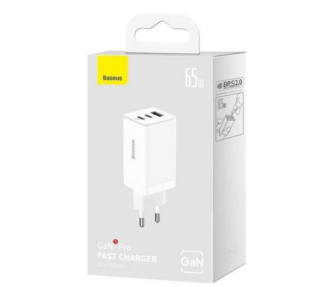 Szybka ładowarka sieciowa GaN 2xUSB C 1xUSB 65W Baseus GaN5 Pro + kabel USB C - USB C 100W - biała