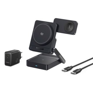 Ładowarka bezprzewodowa 3w1 Qi2.2 35W z zasilaczem EU 45W i kablem USB-C 1m - czarna