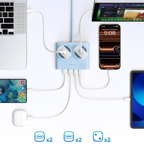 Listwa zasilająca 6w1 AC USB-A USB-C 25W - niebieska
