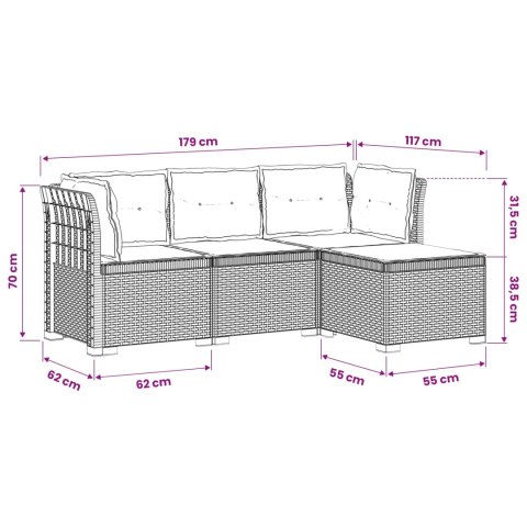 Sofa ogrodowa dla 4 osób z poduszkami w stylu rattanowym PP