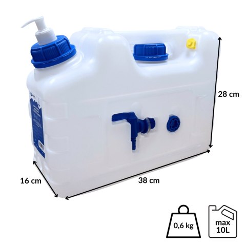 Kanister na wodę 3w1 z kranikiem i umywalką, transparentny HDPE, 10L