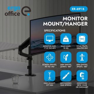 ERGO OFFICE UCHWYT / WIESZAK NA MONITOR, 17"-32", 1-10KG, CZARNY MAT, MAX. VESA 100X100 ER-691 B