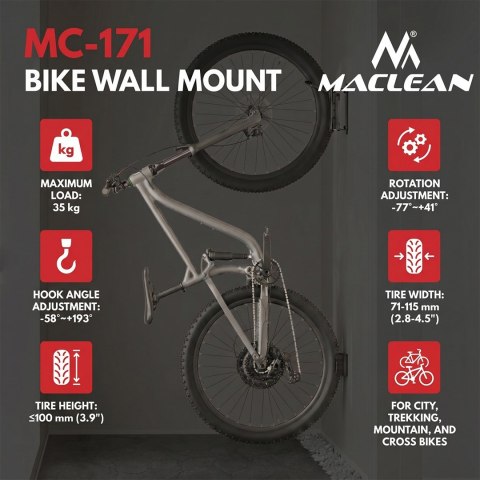 MACLEAN ROWEROWY UCHWYT / WIESZAK ŚCIENNY, MAX. OBCIĄŻENIE 35KG, REGULACJA KĄTA POCHYLENIA, STAL MC-171