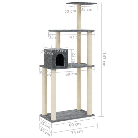 Drapak dla kota z sizalowymi słupkami, ciemnoszary, 147 cm