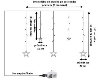 Świąteczna kurtyna 5 gwiazdek, 61 LED, ciepła biel, pilot