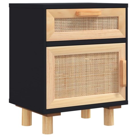 Szafka nocna, czarna, lite drewno sosnowe i naturalny rattan