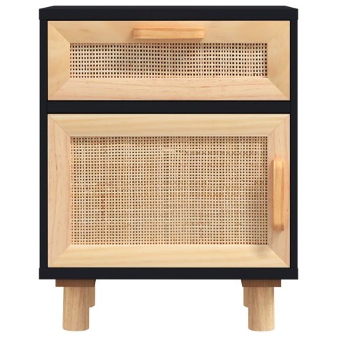 Szafka nocna, czarna, lite drewno sosnowe i naturalny rattan