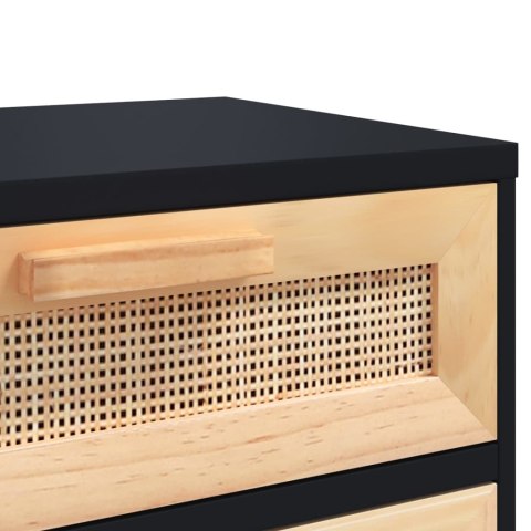 Szafka nocna, czarna, lite drewno sosnowe i naturalny rattan