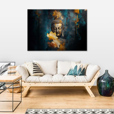 Obraz na płótnie, Budda i złote kwiaty - 90x60