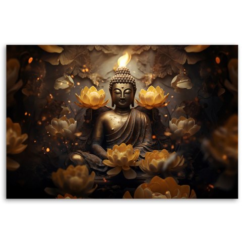 Obraz na płótnie, Złoty Budda i kwiaty lotosu - 100x70