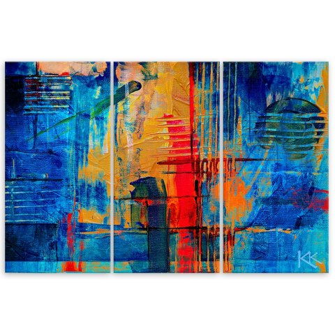 Obraz tryptyk na płótnie, Niebieska abstrakcja ręcznie malowana - 90x60