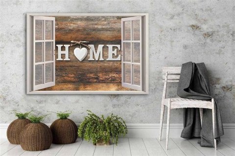 Obraz na płótnie, Widok z okna Napis Home na drewnie - 60x40
