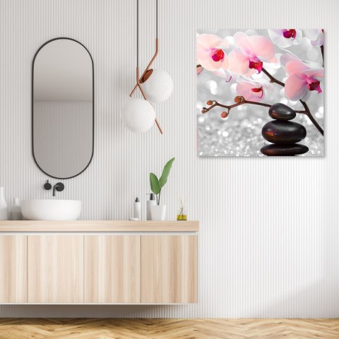 Obraz na płótnie, Kamienie zen i gałązka storczyka - 60x60