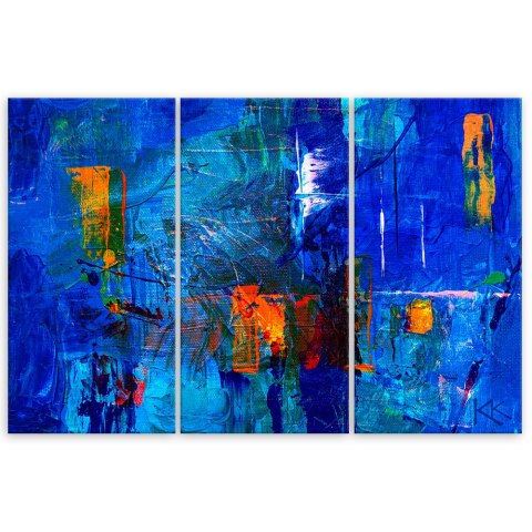 Obraz trzyczęściowy na płótnie, Niebieska abstrakcja ręcznie malowana - 90x60