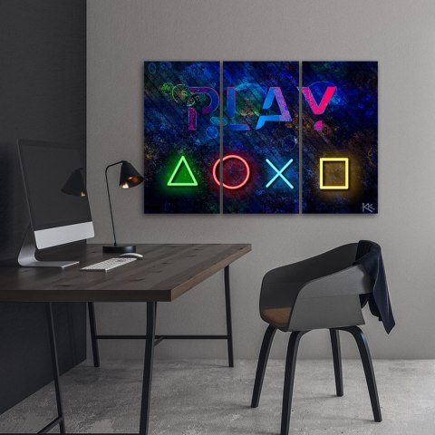 Obraz tryptyk na płótnie, Przyciski do kontrolera i napis play - 120x80