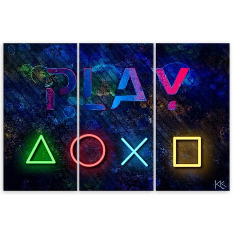 Obraz tryptyk na płótnie, Przyciski do kontrolera i napis play - 120x80