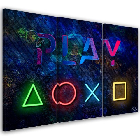 Obraz tryptyk na płótnie, Przyciski do kontrolera i napis play - 60x40