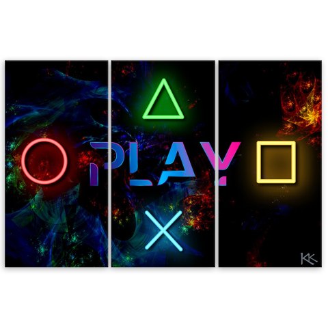Obraz trzyczęściowy na płótnie, Napis play i przyciski do kontrolera - 150x100