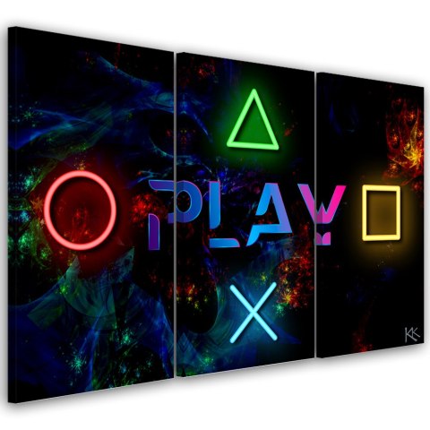 Obraz trzyczęściowy na płótnie, Napis play i przyciski do kontrolera - 90x60