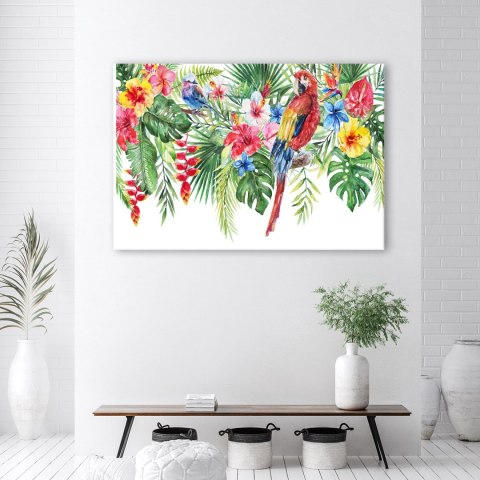 Obraz na płótnie, Liście kwiaty papuga tropikalne - 120x80