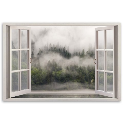 Obraz, Okno Las we mgle jezioro - 120x80