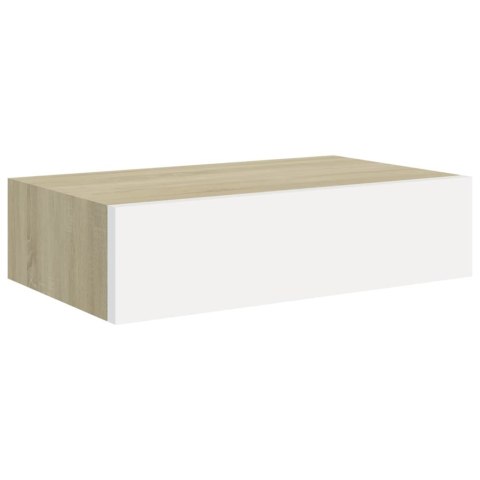 Półki ścienne z szufladą, 2 szt., dąb i biel, 40x23,5x10cm, MDF