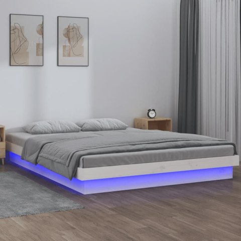 Rama łóżka z LED, biała, 150x200 cm, King Size, lite drewno