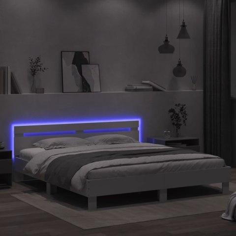 Rama łóżka z wezgłowiem i LED, biała, 160x200 cm